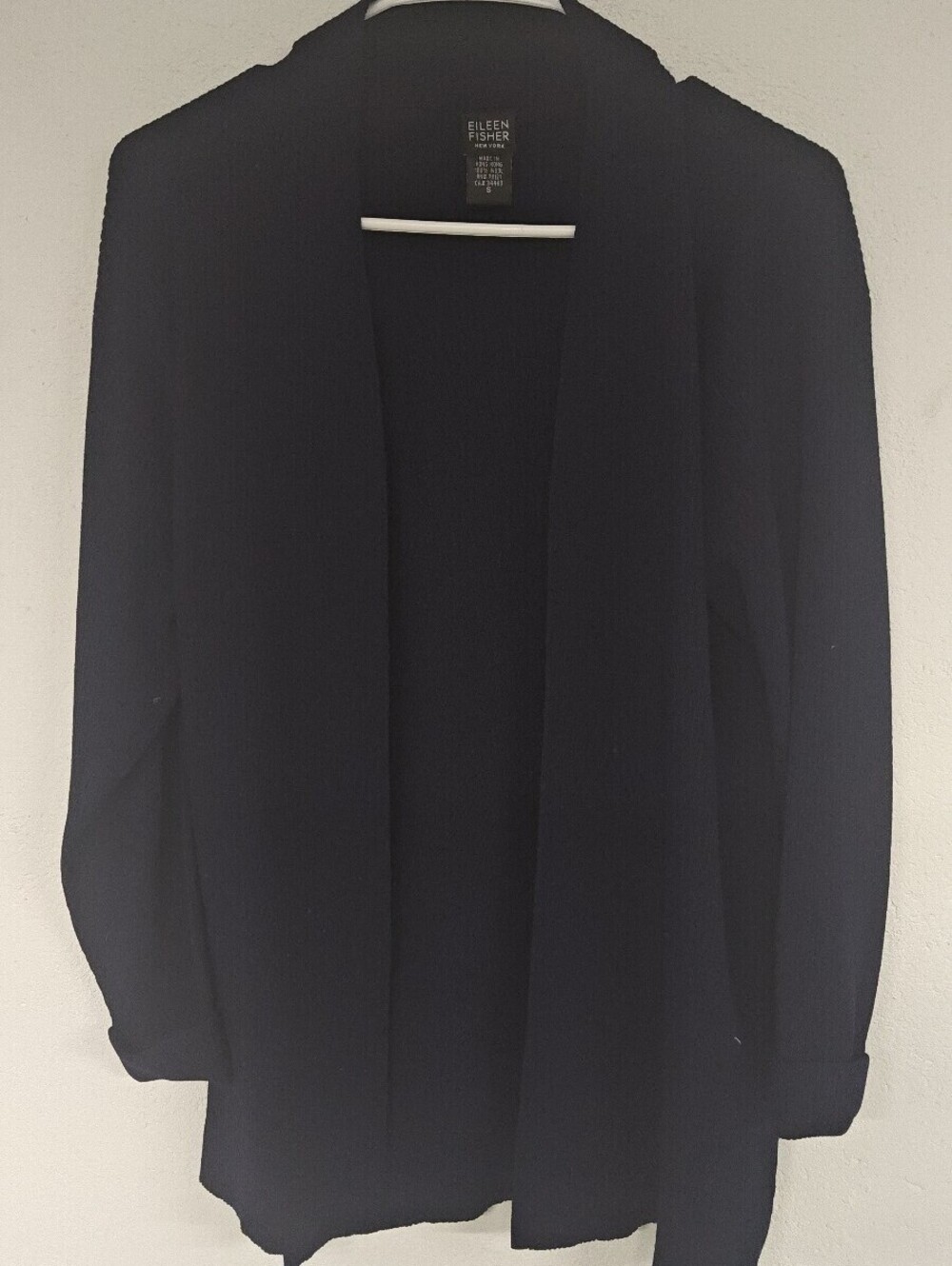 Eileen Fisher 100% Wool Black Open Front Cascade Cardigan Sweater S Hong Kong